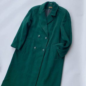 Vintage 100% Pure Wool Forest Green Long Military Double Breasted Pea Co…